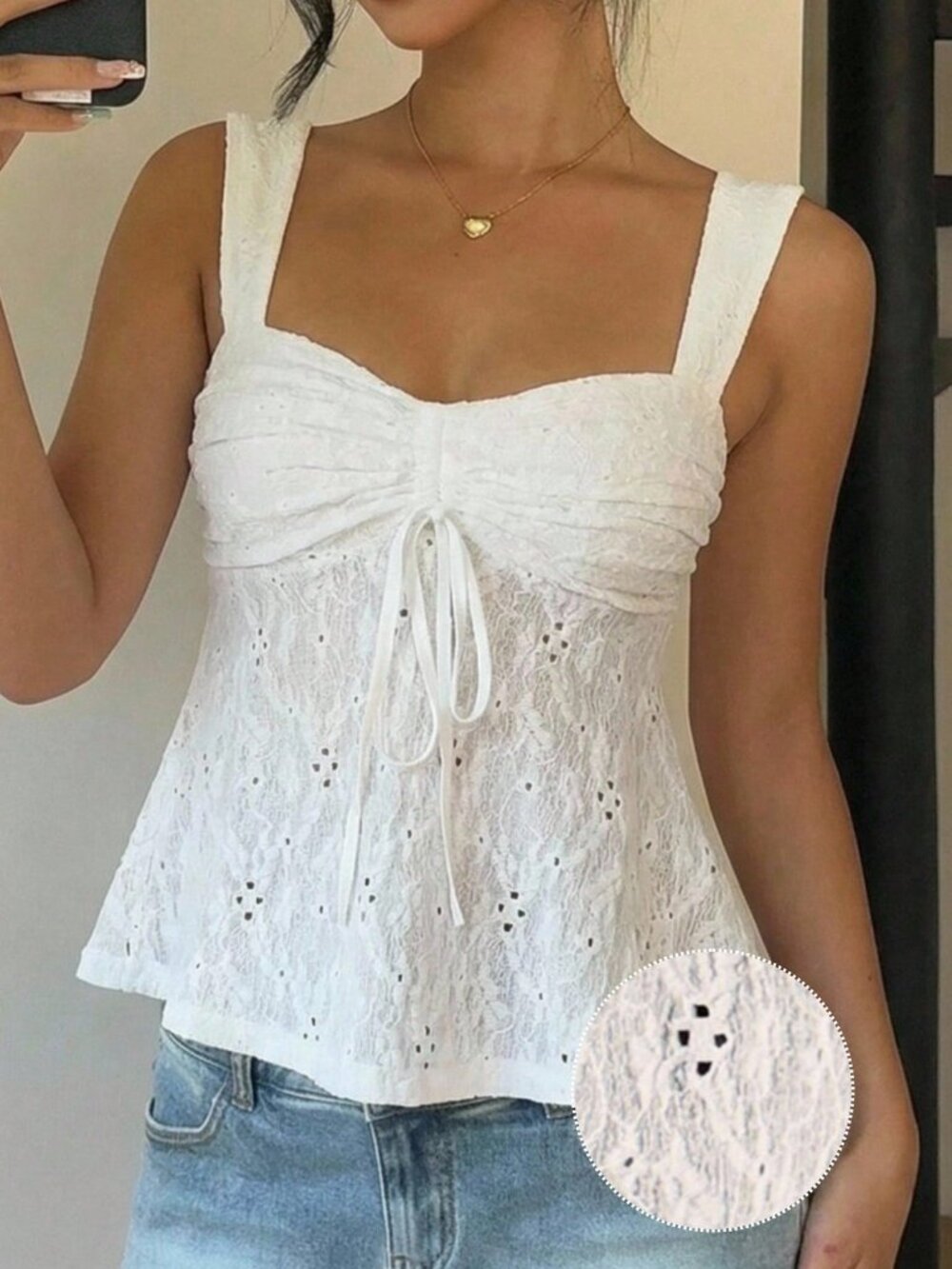 White Casual Women's Tops Hollow Out Lace-Up Vacation Tank Top - Picture 6 of 8